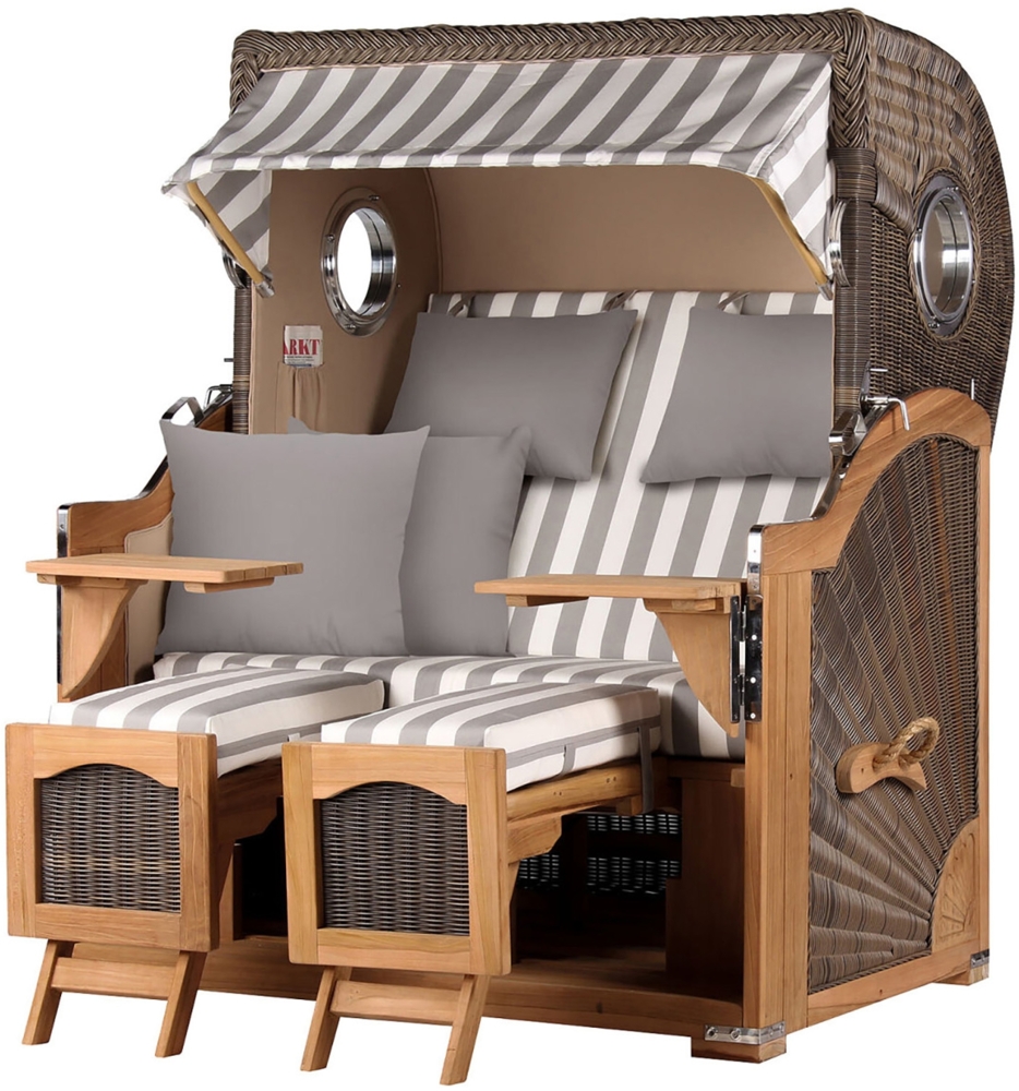 Strandkorb - bene living - Ammersee Grande XL Teak Bullauge - PE grau - Modell 513 - 2,5-Sitzer inkl. Liftersystem Bild 1