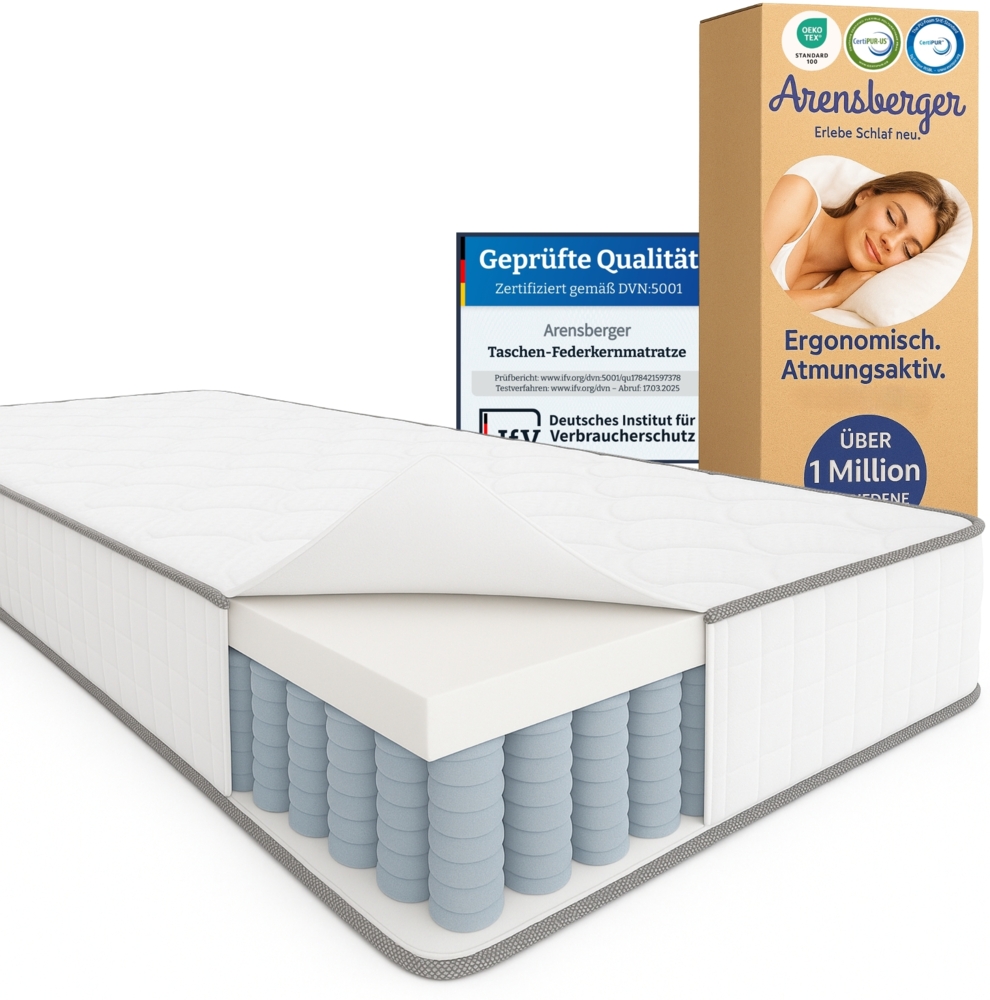 Arensberger JANA Federkernmatratze - 19cm Höhe - Matratze mit Schaumstoff Schicht - H2 H3 Mittelfest – 7 Zonen - Federkern - Liegekomfort 90x200cm Bild 1