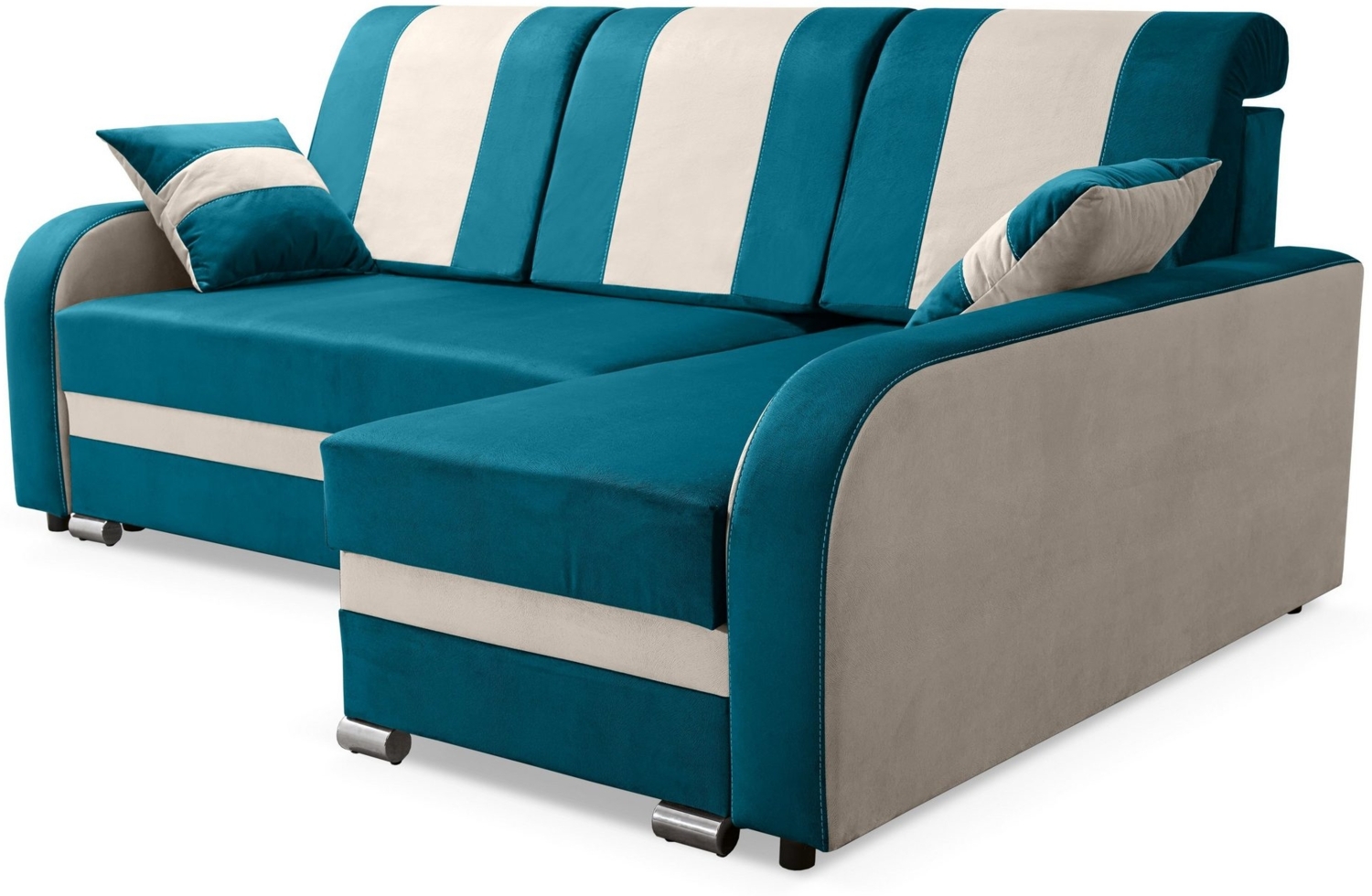robin 'BARI' Ecksofa mit Schlaffunktion und Kissen, hochelastischer Schaumstoff türkis / beige, 230 x 165 x 102 cm Bild 1