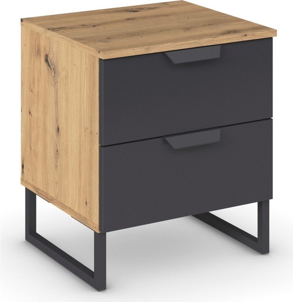 Rauch Möbel Dark&Wood by Aditio Nachttisch, Nachtkommode, Schlafzimmermöbel, Nachttisch, 2 Schubladen, Soft-Close,Kufenfuß, Farbe Grau metallic/Eiche Artisan, Schwarz, Holz, 47 x 54 x 42 cm Bild 1