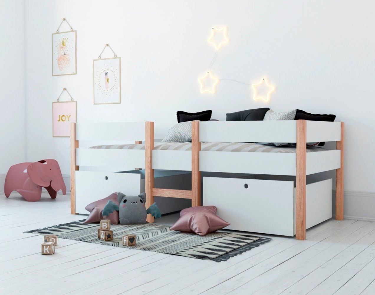 Hochbett mit Leiter und 2 SchubladenWeiß Kinderbett Kinderzimmermöbel Art. 72 800 x 990 x 2100 Bild 1