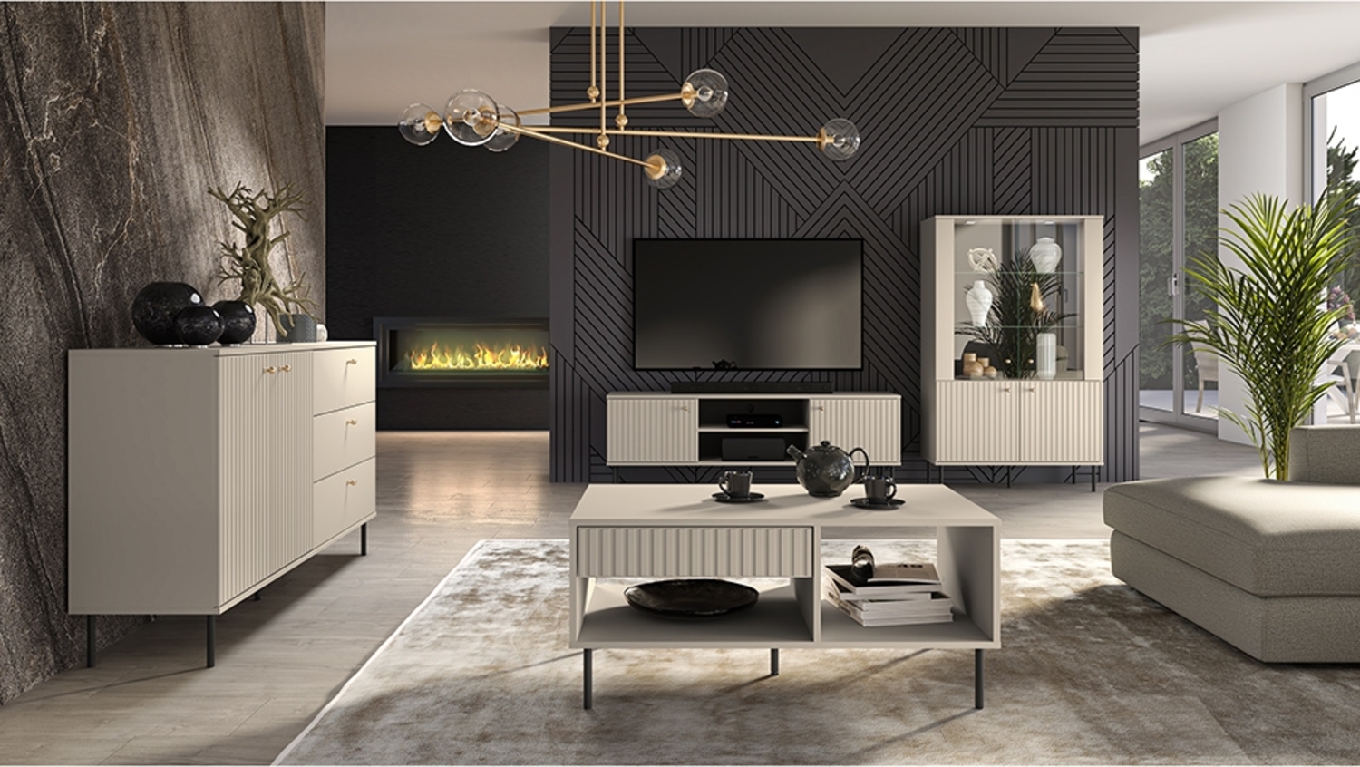 Wohnzimmermöbel in kaschmir matt SALOU-131 modern 4-teilig mit goldfarbenen Griffen Bild 1