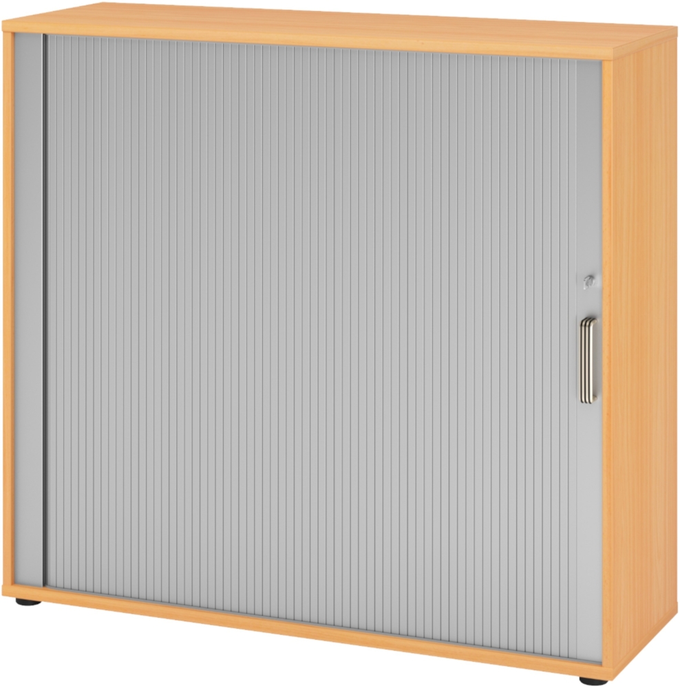 bümö Aktenschrank abschließbar mit Rollladen, Rollladenschrank für Ordner & Co. - Büroschrank mit Rollo, abschließbarer Ordnerschrank aus Holz in Buche/Silber mit Streifengriff, 1733S-6-S-SG Bild 1