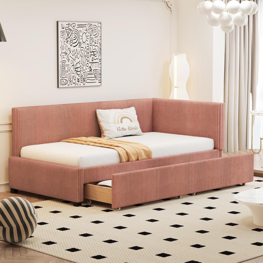 Merax Polsterbett Schlafsofa 90*200 Multifunktionsbett mit 2 großen Stauraumschubladen und Lattenrost hautfreundlicher Samtstoff Rosa Bild 1