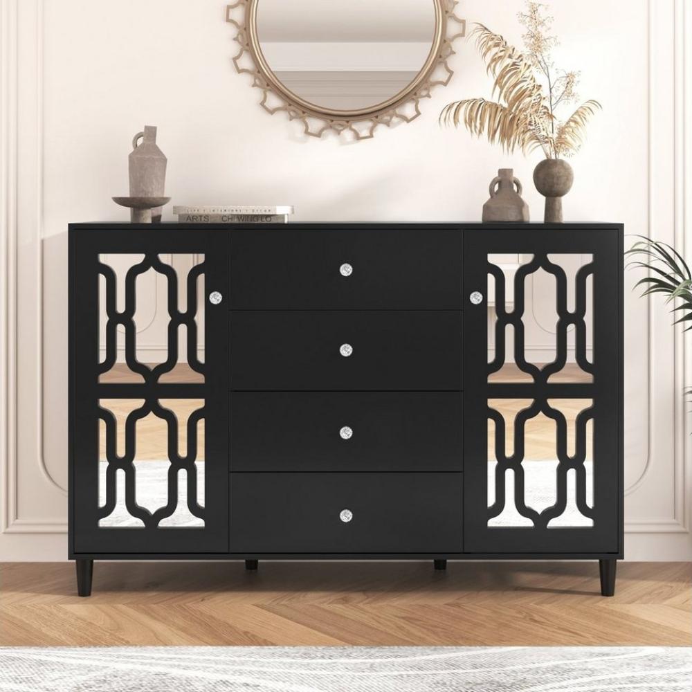 Merax Sideboard mit Spiegelelementen und geometrischem Trellis-Muster, Kommode mit vier Schubladen und Spiegelfront,Anrichte,B:147cm Bild 1