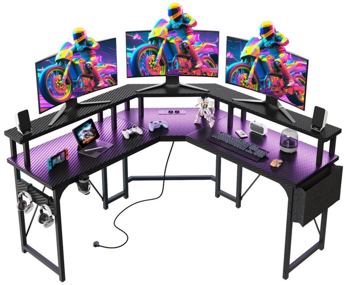 HOMALL Eckschreibtisch Gamingtisch mit LED,Computertisch mit Monitorständer,Steckdosen (Gaming Tisch mit 2 USB-Ladeanschluss und 2 AC-Steckdosen,Schreibtisch mit Haken) Bild 1