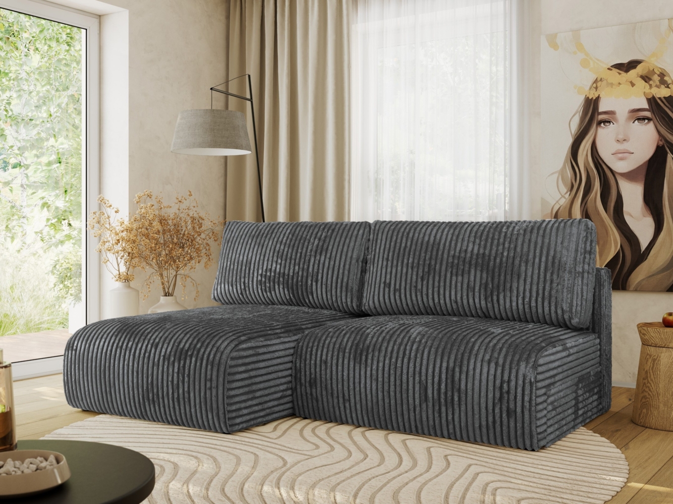 Ecksofa mit Schlaffunktion, lockere Kissen, Wohnzimmerecke mit L-förmigem und Bettkästen, Wellenfeder auf dem Sitz - VIVO - Dunkelgrau Cord - linke Seite Bild 1