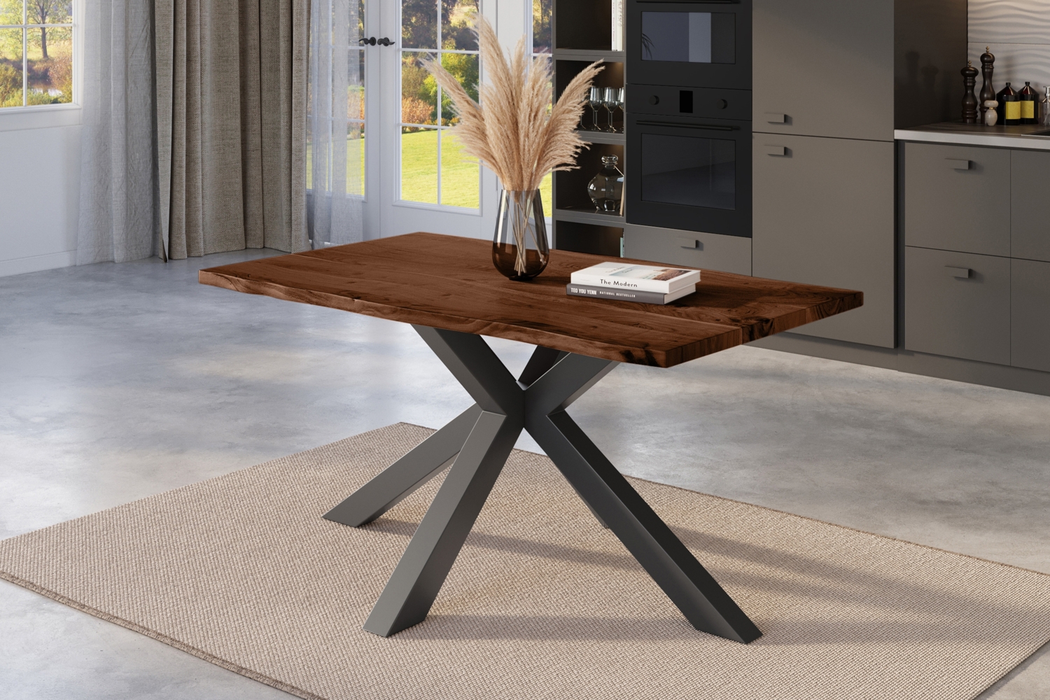 Esstisch Baumkante massiv Akazie nussbaum 160 x 85 cm Spider-Gestell schwarz KALEA 77144575 Bild 1