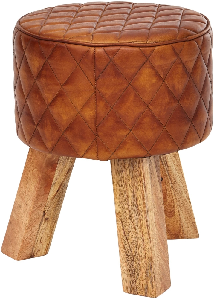 Sitzhocker Echtleder / Massivholz 35 x 46 x 35 cm Modern Fußhocker Rund, Turnbock Lederhocker Braun, Kleiner Hocker Gepolstert, Holzhocker mit Leder-Bezug Bild 1