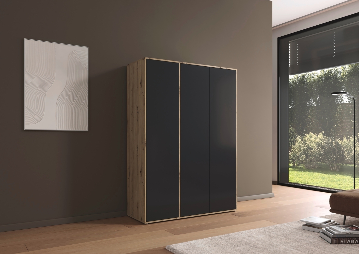 rauch Kleiderschrank Nabila, Drehtürenschrank, Garderobenschrank, 3-türig, mit 1 Kleiderstange und 3 Einlegeböden, Farbe Grau metallic/Eiche Artisan, Schwarz/Holz, mit Push-to-Open Funktion, 140x194x53cm Bild 1