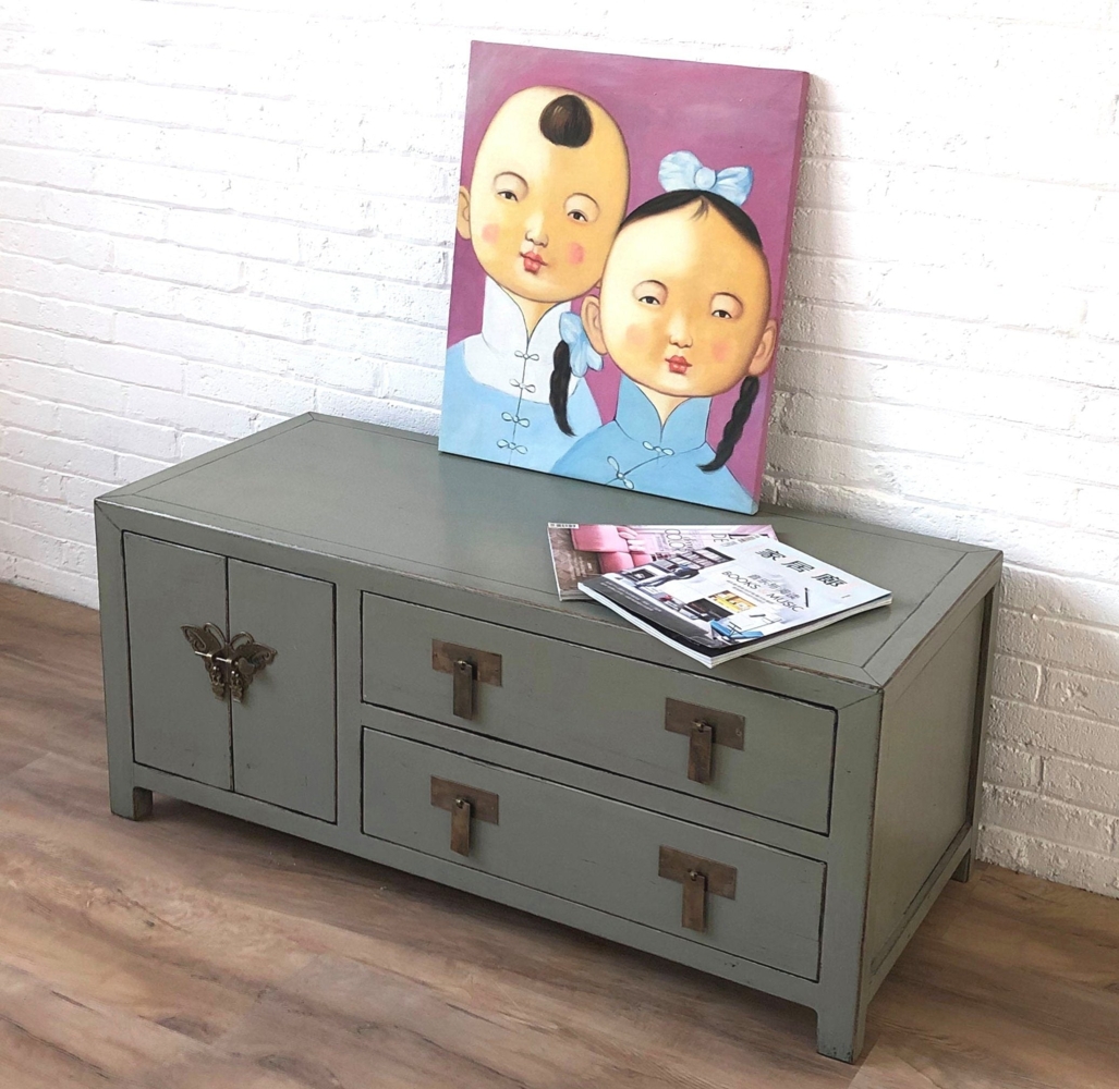 Vintage TV-Stand Hellgrau Kommode Sideboard Lowboard chinesisch asiatisch Kolonial-Stil Antik-Stil Schrank orientalisch Fernost shabby-chic Landhaus Bild 1