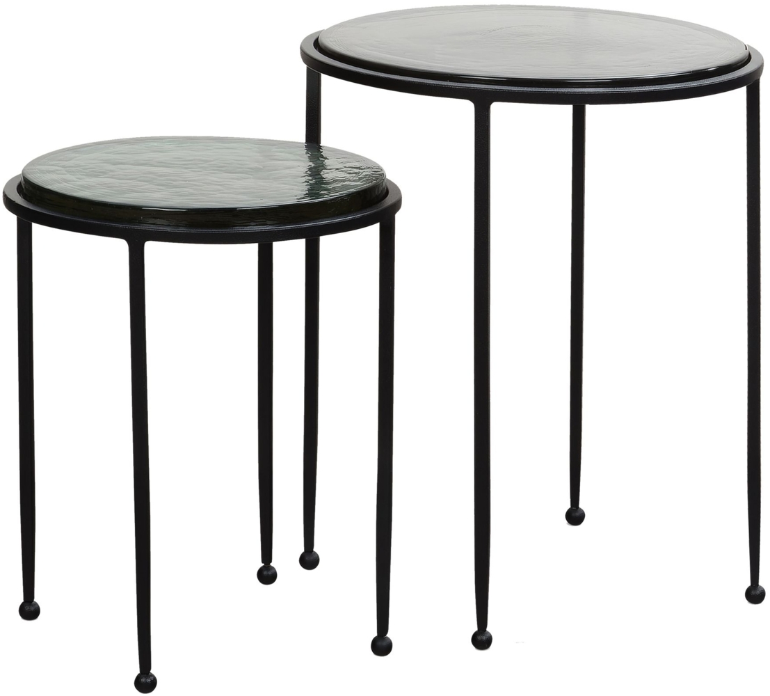 Beistelltisch 2er Set Grün Schwarz Design Satztisch Glas Metall Rund, Wohnzimmertisch Modern, Ausgefallener Couchtisch, Sofatisch 2-teilig abnehmbare Tischplatte Bild 1