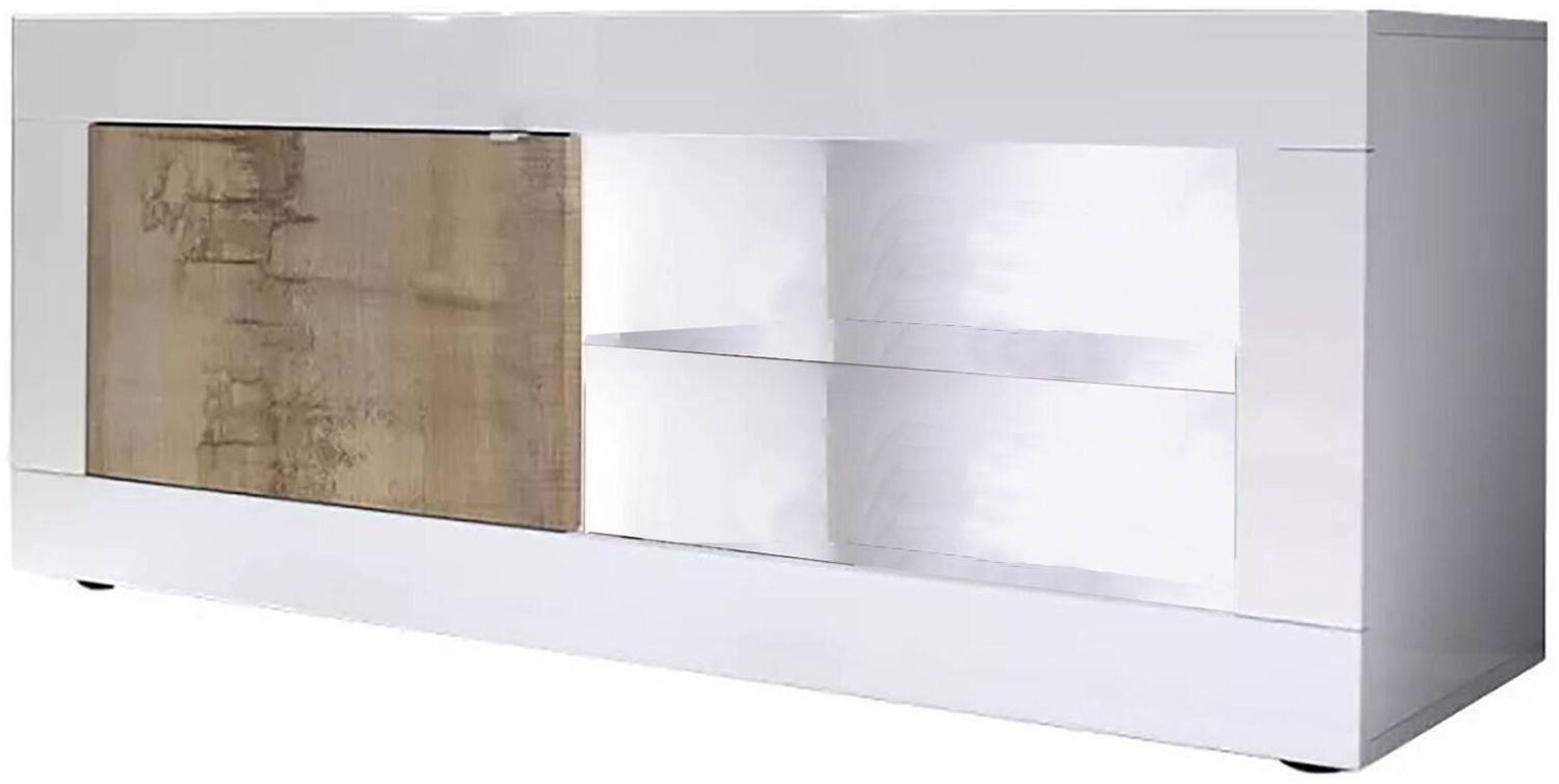 Dmora Fernsehschrank Hector, Ständer für Wohnzimmerfernseher, Niedriges Wohnzimmer-Sideboard, TV-Ständerbasis, Made in Italy, 140x43 h56 cm, Weiß und Akazie Bild 1