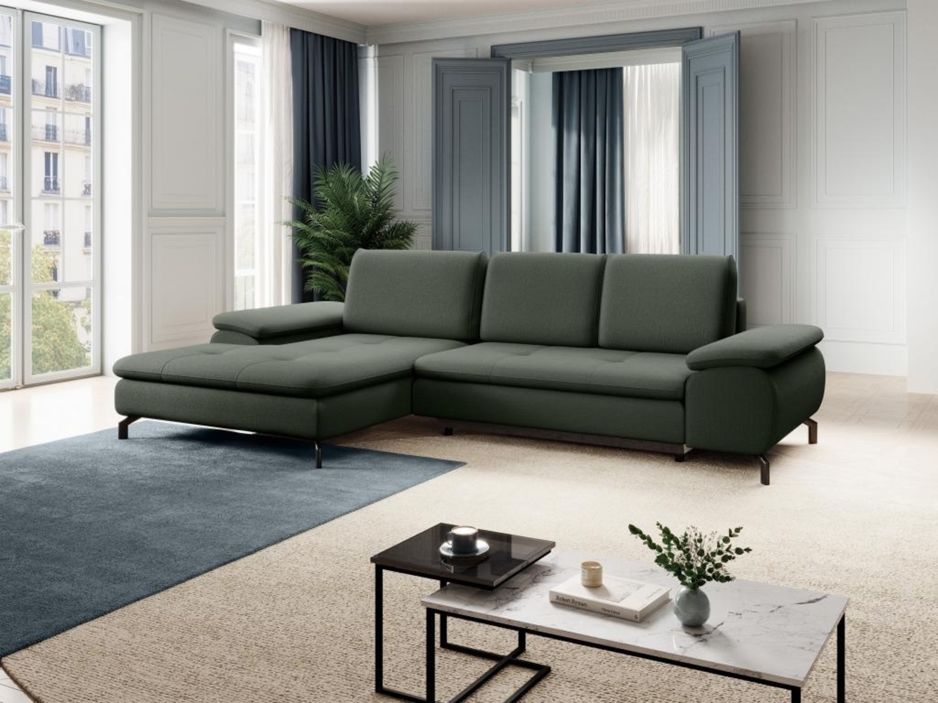 Vente-unique - Ecksofa mit Schlaffunktion - Ecke links - Strukturstoff - Grün - ARCHIBALD Bild 1