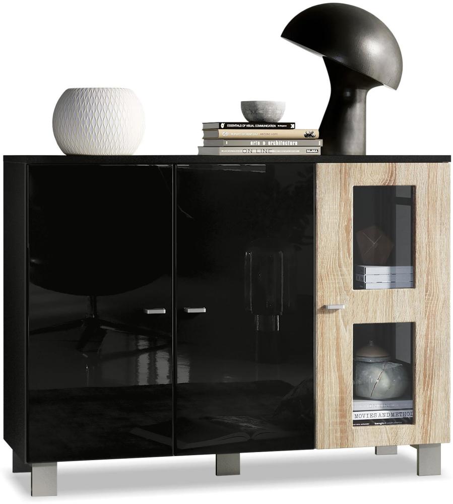 Vladon Sideboard Denjo, Kommode mit 3 Türen, Schwarz matt/Schwarz Hochglanz/Eiche Sägegrau (107 x 81 x 35 cm) Bild 1