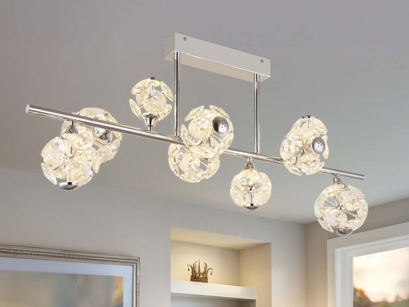 LED Deckenleuchte VIRINA 9-flammig Silber mit Kristall Glaskugeln, Breite 101cm Bild 1