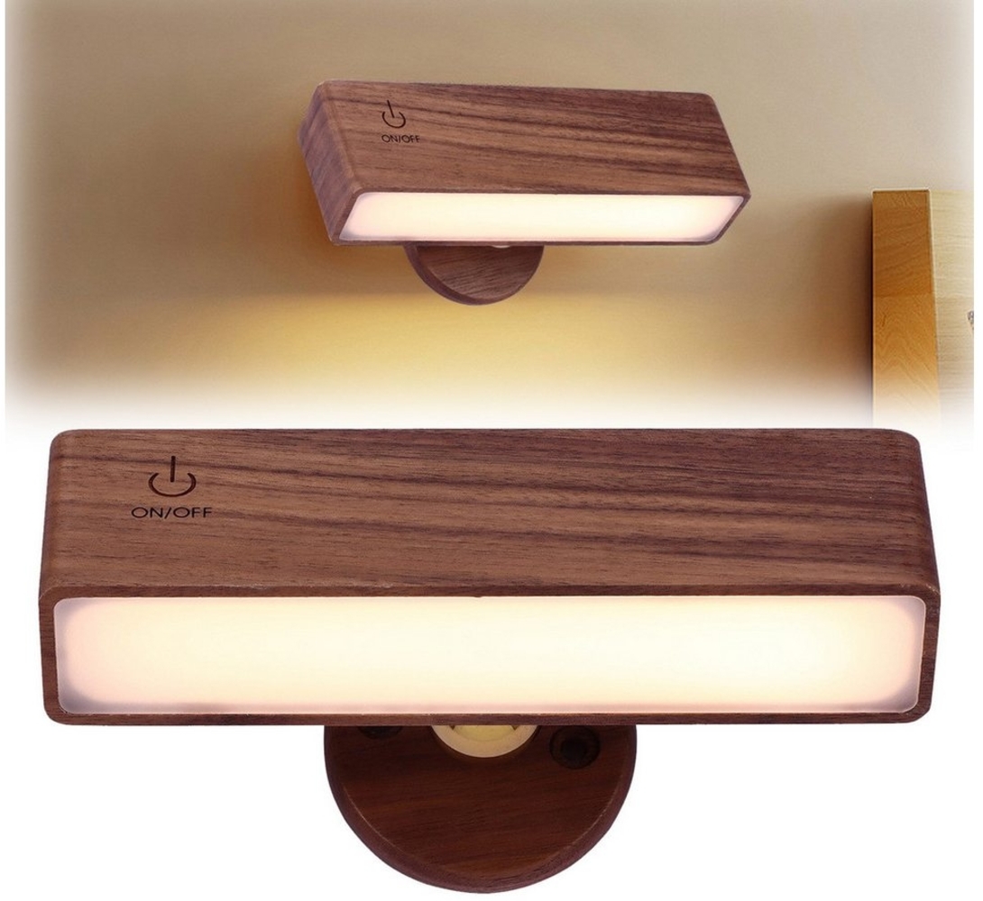 BlingBin LED Wandleuchte Innen Wandlampe, Touch Control Einstellbare Helligkeit, 360° Drehbar, USB-Aufladung, Ohne Bohren und Stromanschluss, LED fest integriert, natürliches Licht, Holz Wandlampe Magnetische für Schlafzimmer Wohnzimmer Esszimmer Bild 1
