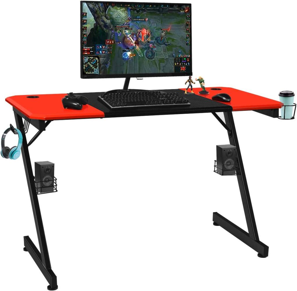 COSTWAY Z-foermige Gaming Tisch 120x60x77cm, Computertisch, PC Tisch mit Becherhalter, Kopfhoererhaken und Boxenstaendern, Schreibtisch fuer Zuhause oder Buero, rot und schwarz Bild 1