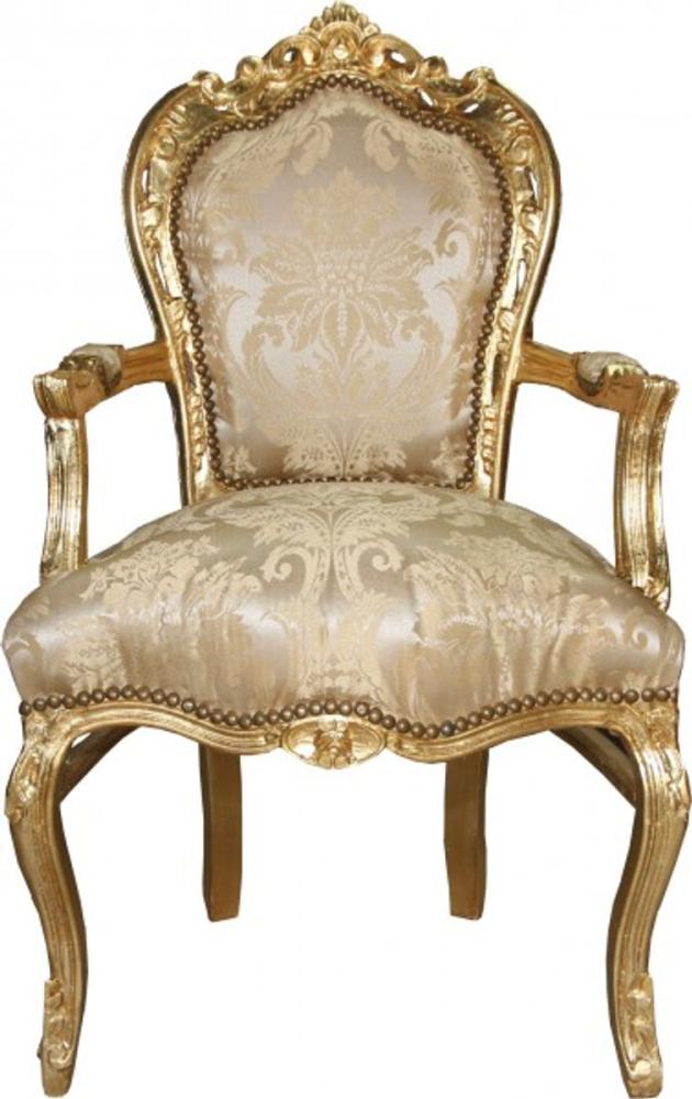 Casa Padrino Esszimmerstuhl Barock Esszimmerstuhl Creme Blumen Muster / Gold mit Armlehnen - Möbel Bild 1