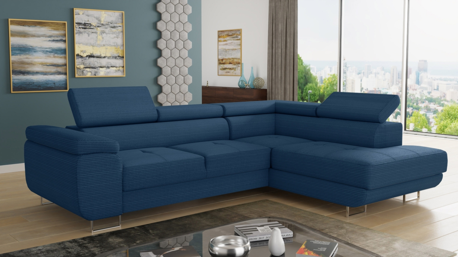 Ecksofa Caris mit Schlaffunktion und einstellbare Kopfstützen, Cord Stoff, Wohnlandschaft mit Bettkasten, Couch, Sofa, Bettsofa (Blau (Poso 005), Ecksofa Rechts) Bild 1