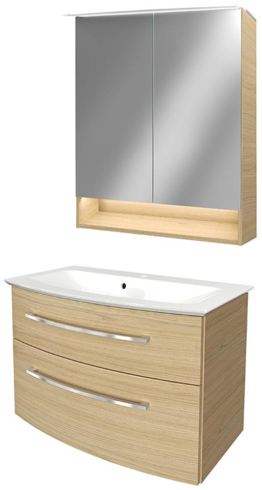 Fackelmann B.STYLE Badmöbel Set 3-teilig, 83 cm, Braun + LED-Spiegelschrank Bild 1