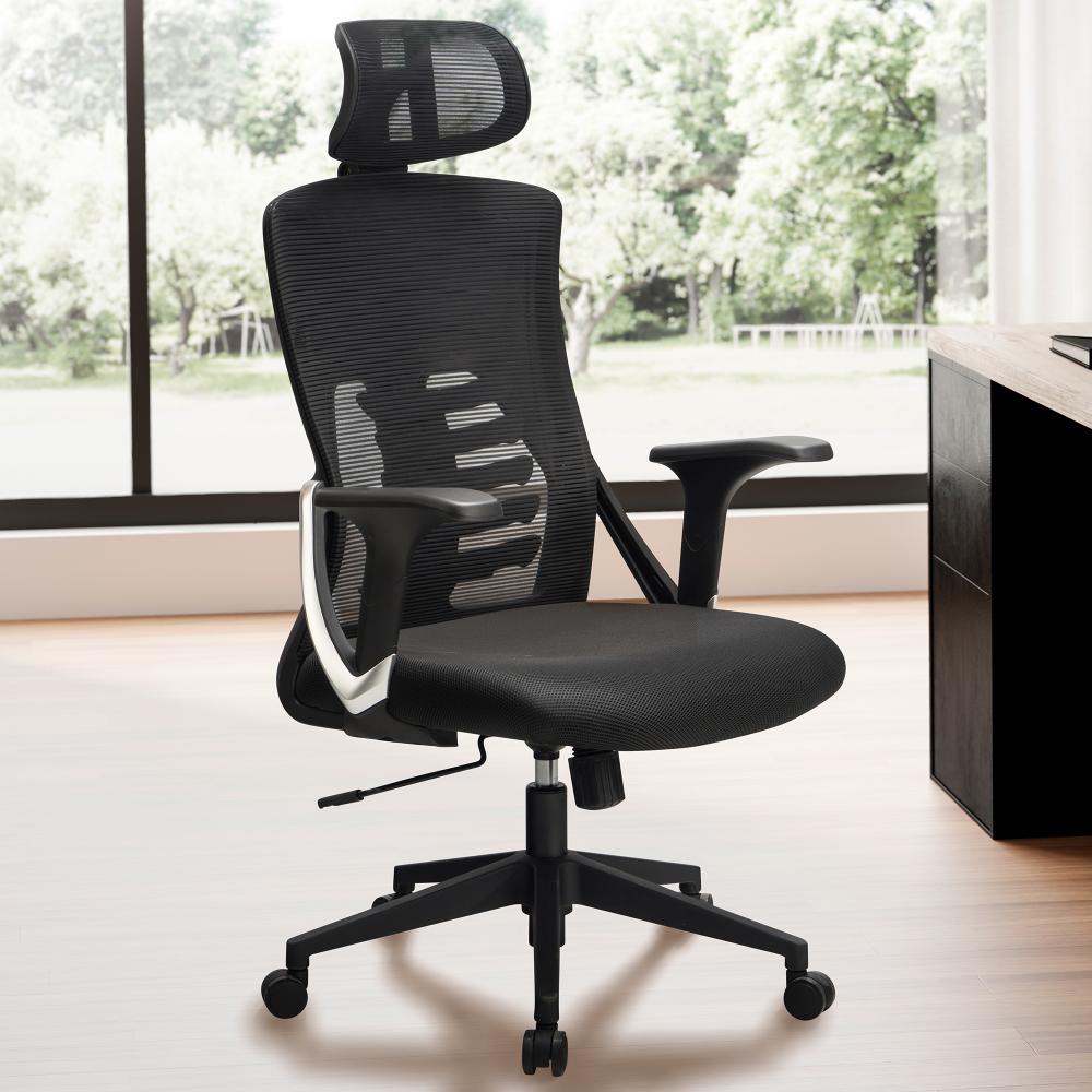 FineBuy Bürostuhl Schwarz Mesh-Bezug Schreibtischstuhl bis 120 kg mit Kopfstütze, Drehstuhl höhenverstellbar mit Lendenwirbelstütze, Stoff-Schreibtischsessel ergonomisch mit Wippfunktion Schwarz Bild 1