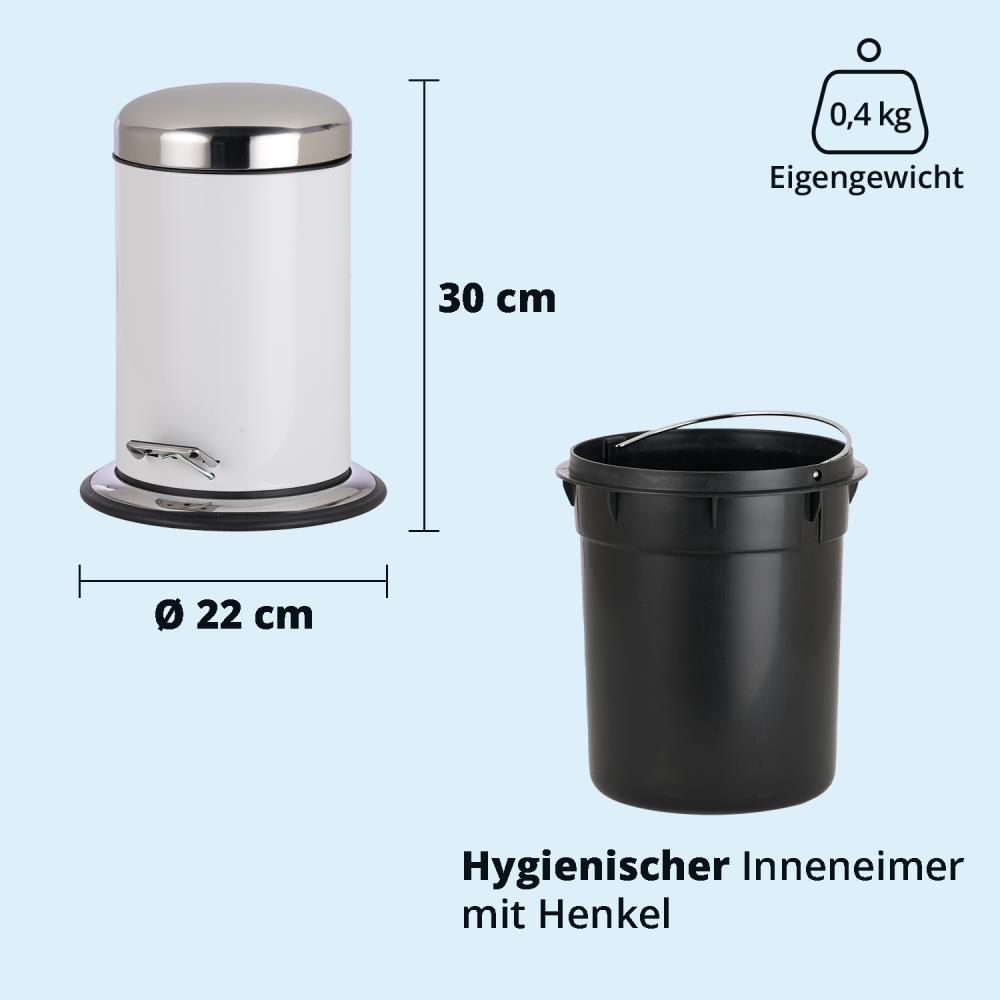 KHG Mülleimer Küche, Bad 3l | Kosmetikeimer Abfalleimer Treteimer aus Aluminium in glänzendem Weiß | herausnehmbarer Inneneimer, ideal für Küche, Badezimmer, Büro Bild 1