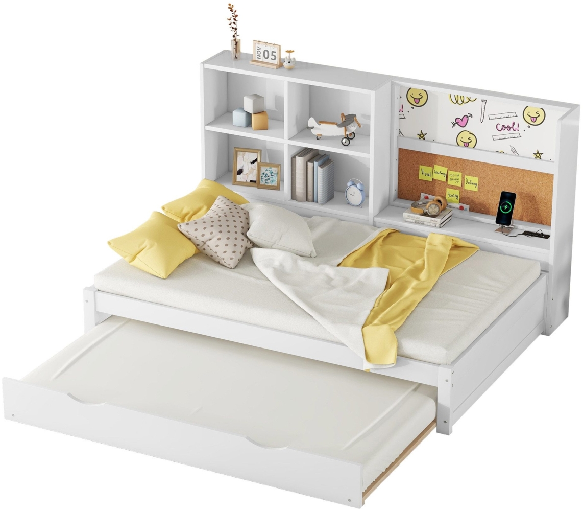 Stauraumbett mit Lattenrost und Gästebett (90x200 cm), Einzelbett, Kinderbett, Holzbett, Kiefer Bild 1