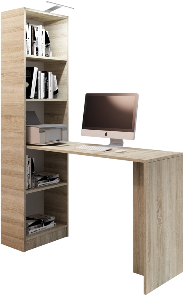 Schreibtisch BeOne, mit Regal und LED Beleuchtung, Sonoma Eiche, 125 x 183 x 50 cm Bild 1