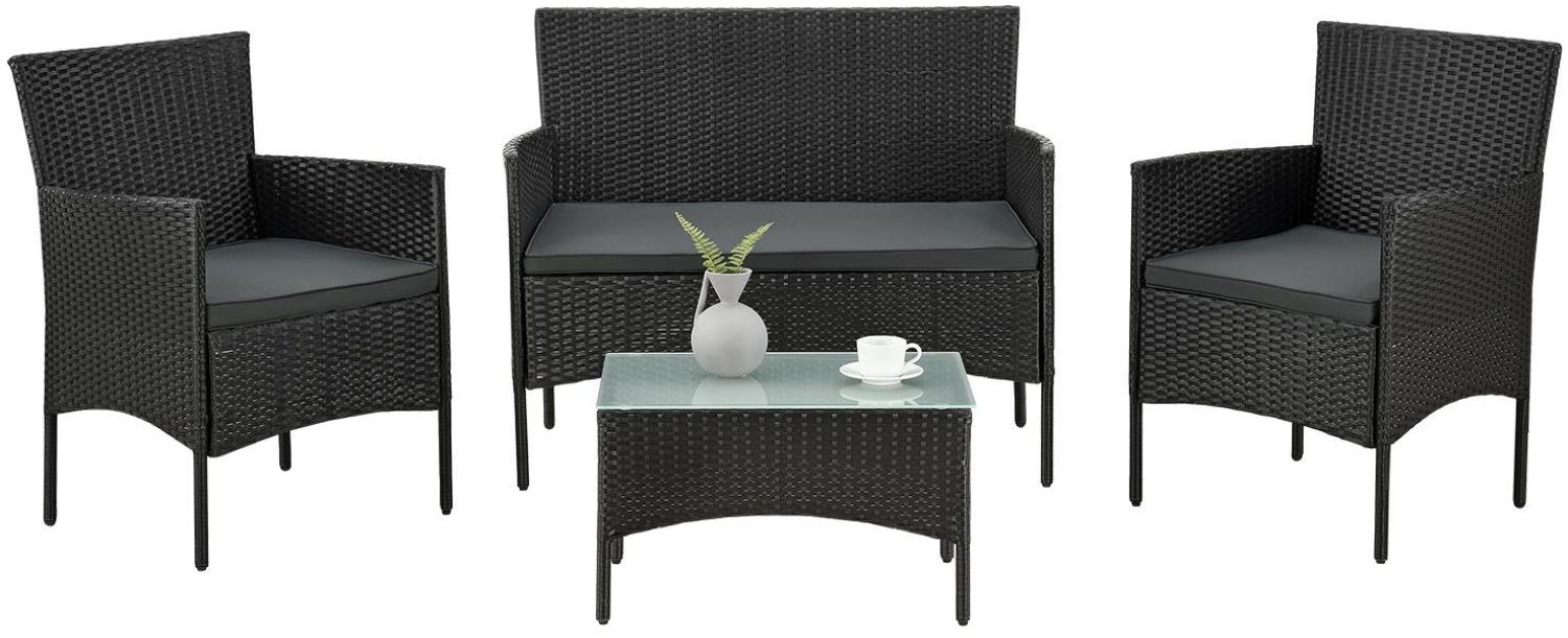 Juskys Polyrattan Gartenmöbel-Set Fort Myers schwarz – Sitzgruppe mit Tisch, Sofa & 2 Stühlen - Balkonmöbel für 4 Personen mit grauen Auflagen Bild 1