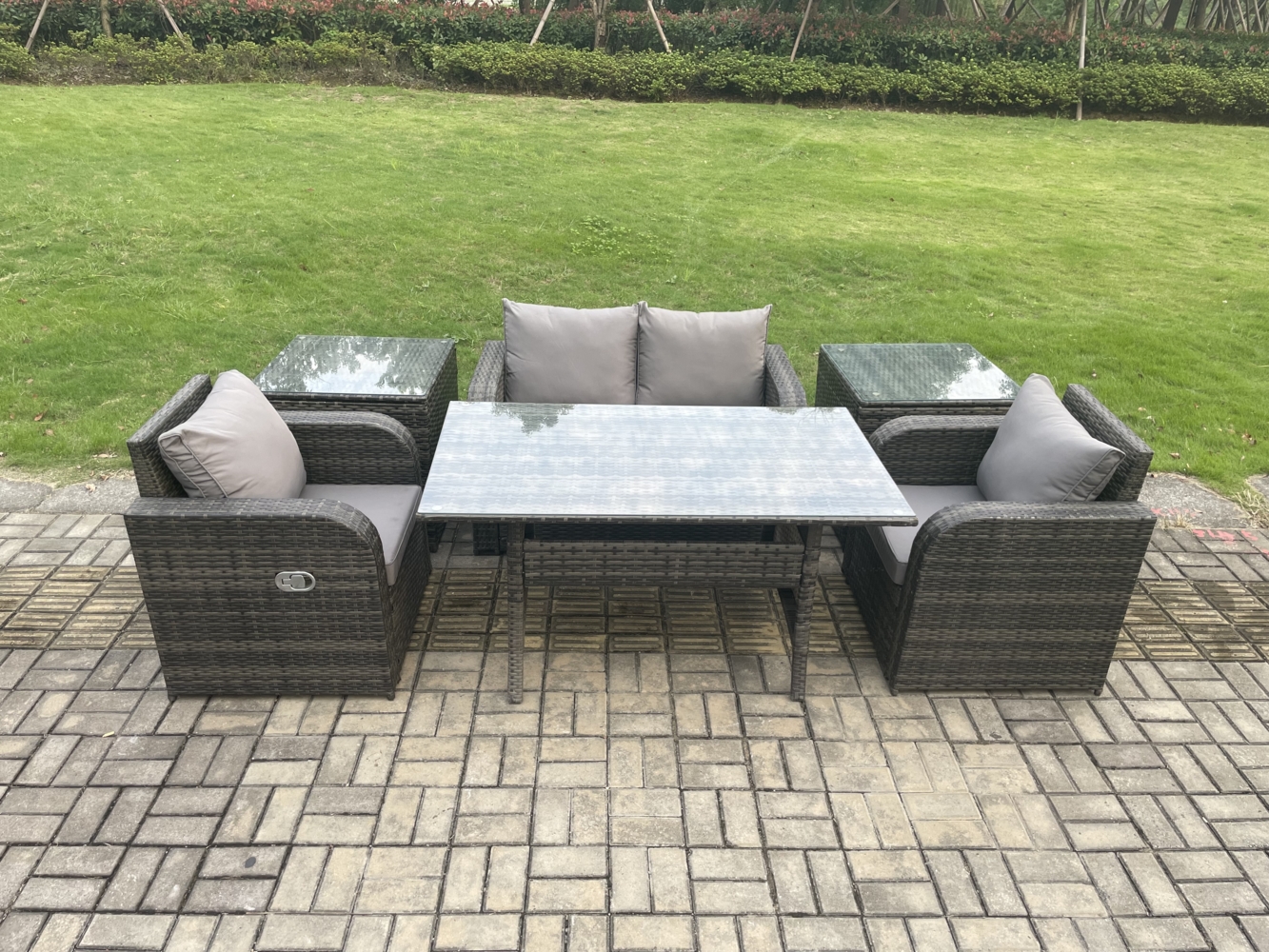 Fimous Outdoor Gartenmöbel-Set Lounge Sofa Set mit Langer Rechteckiger Esstisch 2 PC Liegestuhl 2 PC Beistelltischen Bild 1