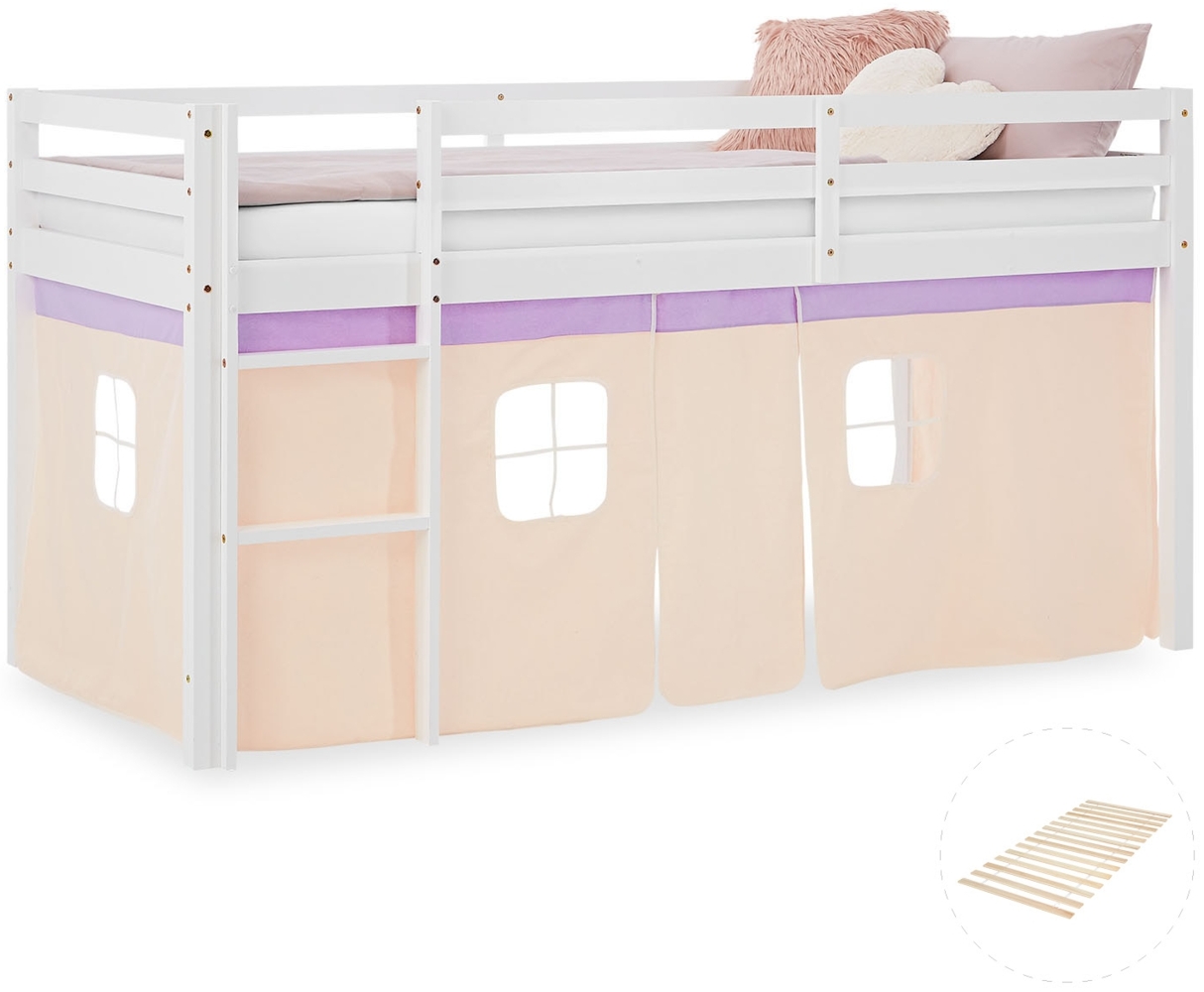 Hochbett Kinder 90x200 cm mit Lattenrost Kinderbett Kinderhochbett Stockbett Vorhang Lila Peach Holz Massiv Bild 1