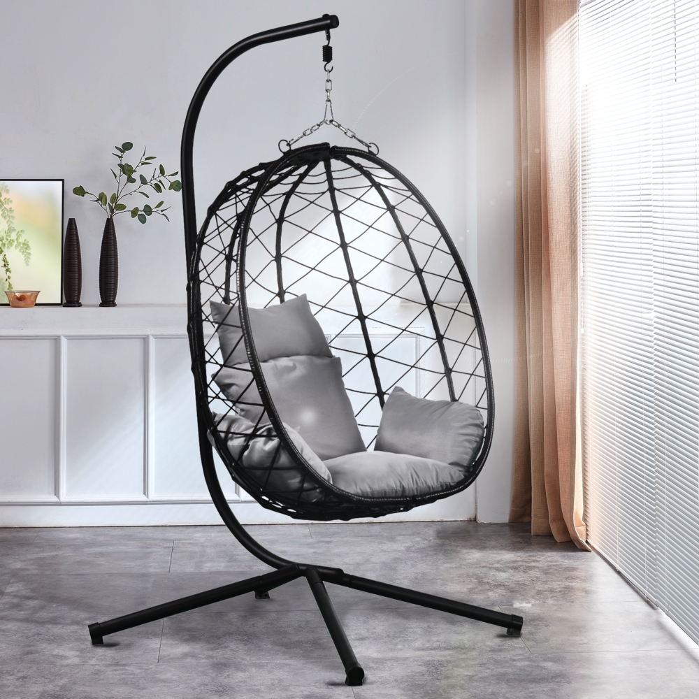 Luxus Hängesessel NEW XXL Gestell mit Korb Schwarz und Kissen Hell Grau Bild 1
