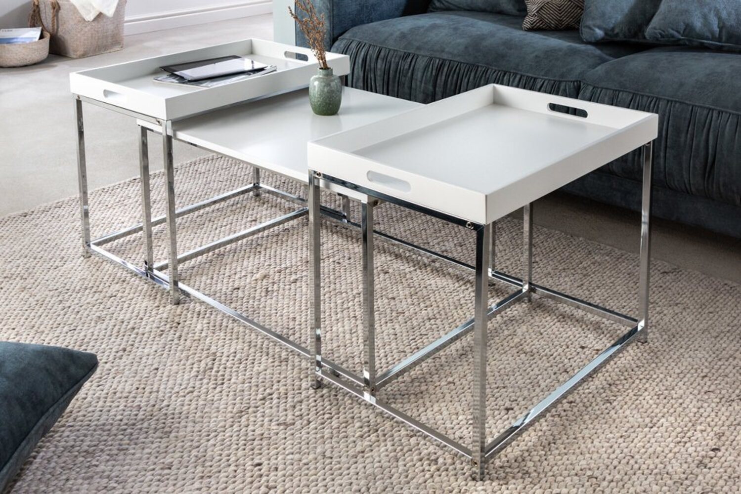 riess-ambiente Couchtisch ELEMENTS 75cm weiß / silber (Set, 3-St), Wohnzimmer · Holzwerkstoff · Metall · abnehmbares Tablett · Design Bild 1