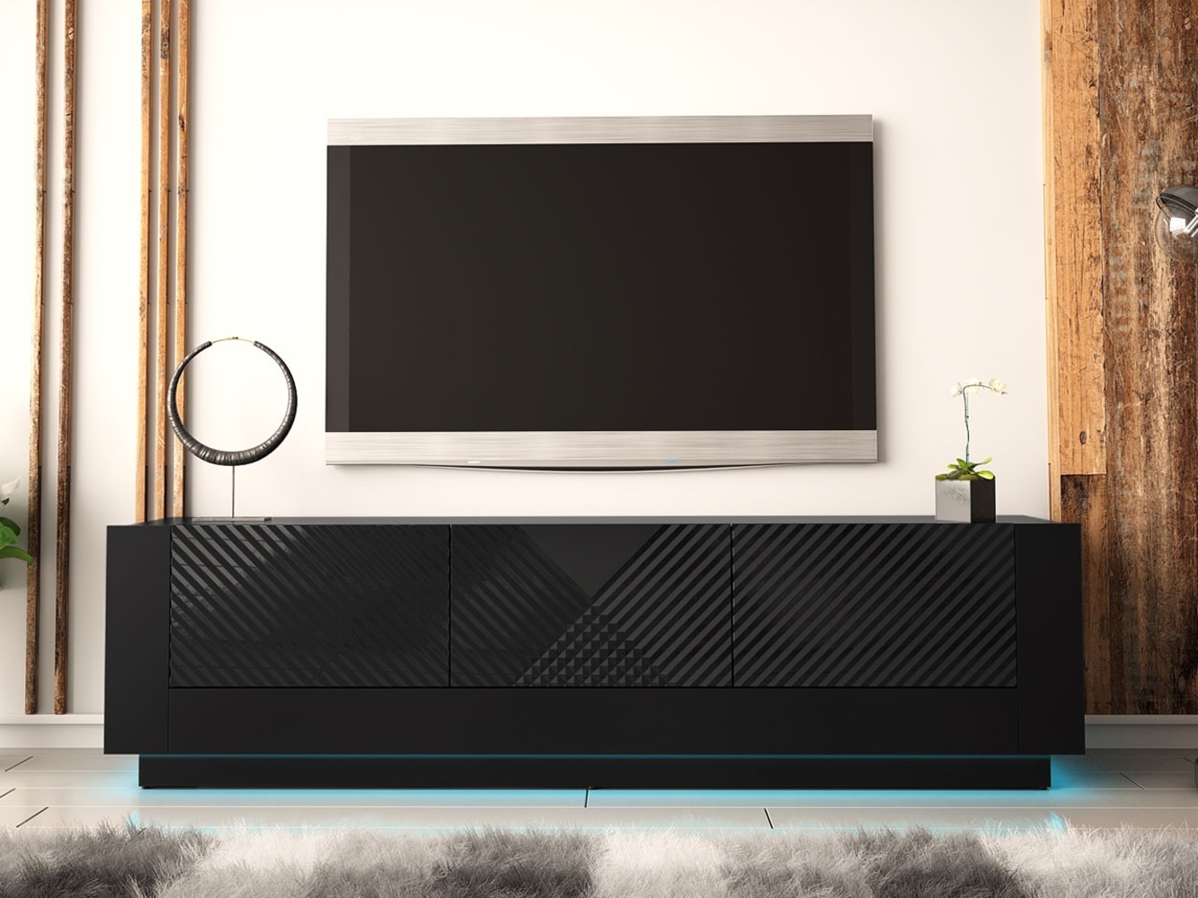 TV-Lowboard Nirosio 180 01, LED-Beleuchtung, Farbe: Schwarz / Schwarz Hochglanz Bild 1
