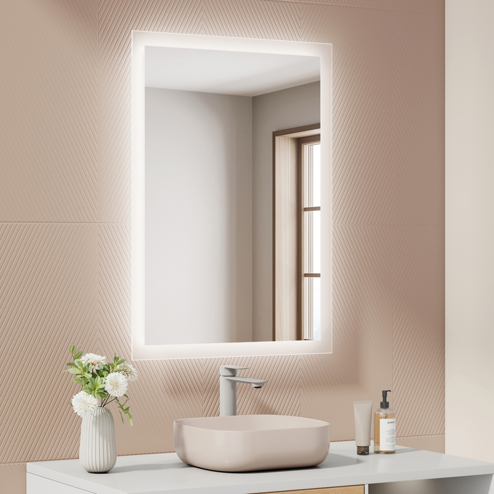 EMKE Badspiegel mit Beleuchtung, 70x50cm, Kaltweißes/Warmweißes Licht, Knopfschalter, Beschlagfrei, Speicherfunktion Bild 1