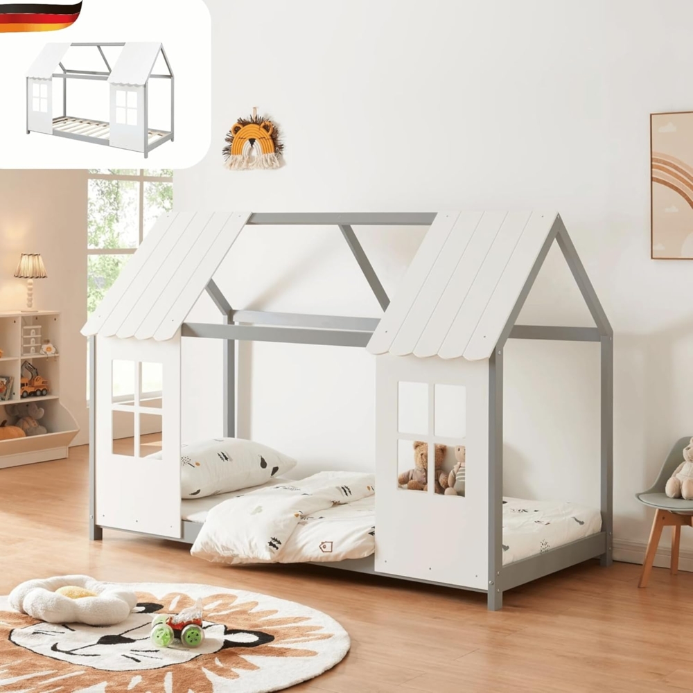 DELUKE® Kinderbett 90x200 GELO - mit Lattenrost Rausfallschutz Haus-OptikEinzelbett aus Holz Hausbett Kinderzimmer Montessori Bett Grau Bild 1