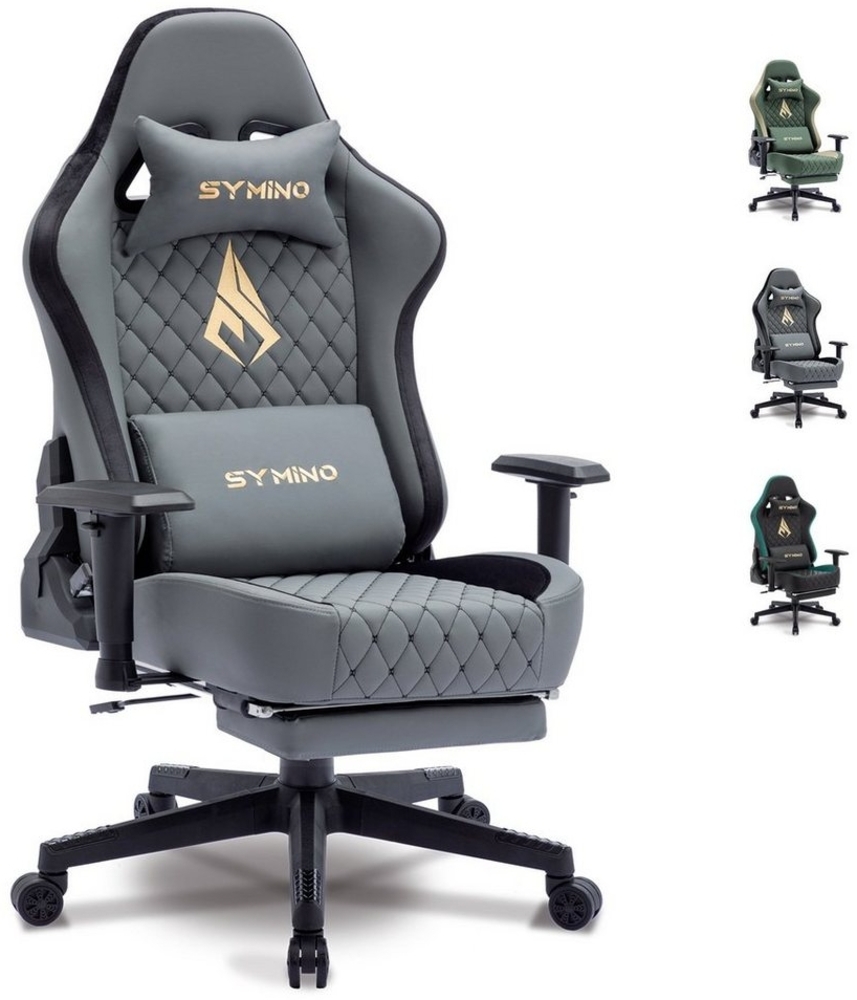 symino Gaming-Stuhl Ergonomischer Bürostuhl aus PU-Leder mit 3D-Armlehnen und Fußstütze, hoch atmungsaktiv, verstellbare Armlehnen und Rückenlehne, Grau Bild 1