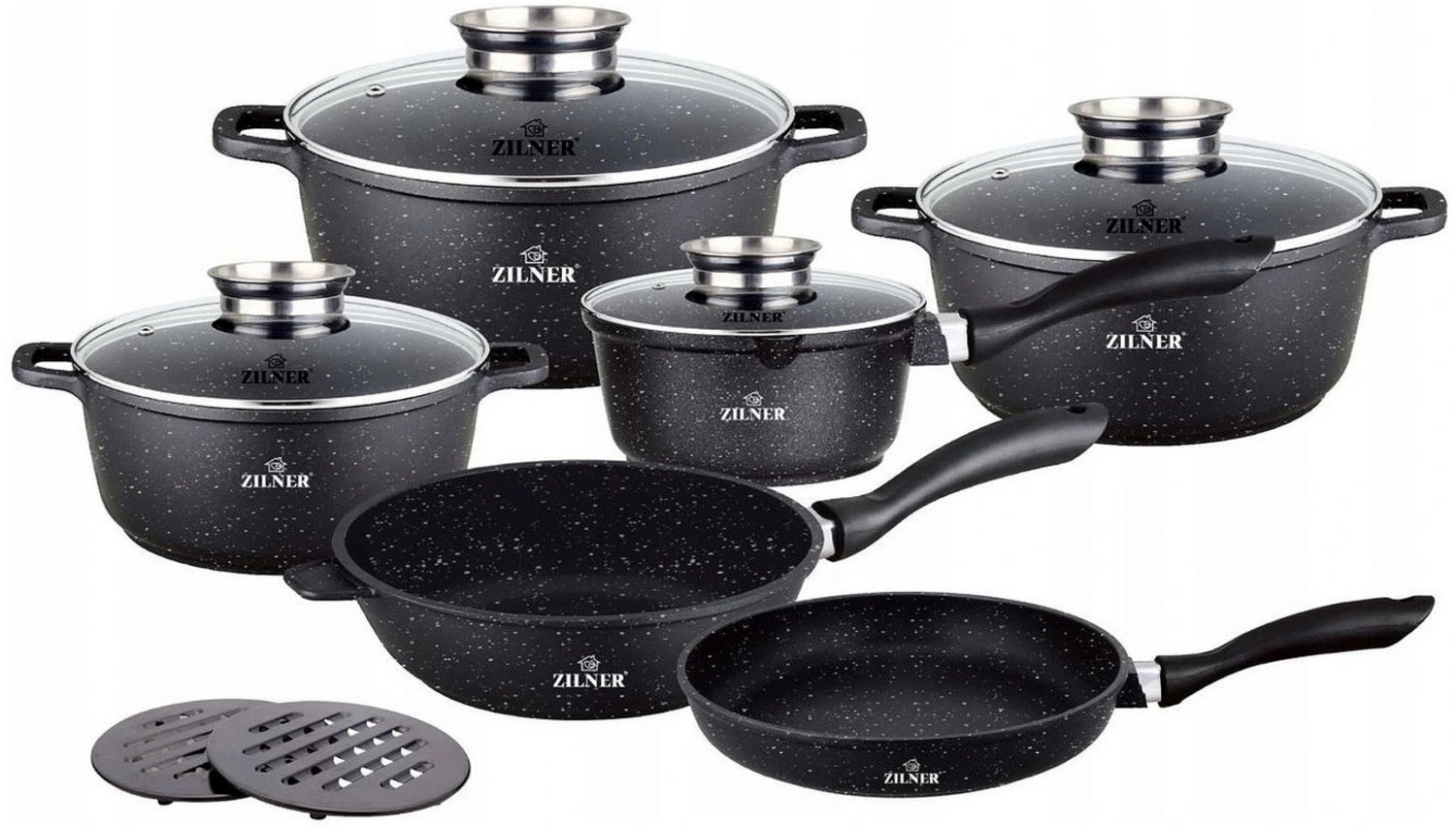 Zilner Topf-Set Schwarze Töpfe in verschiedenen Größen mit Pfannen Steinbeschichtung, Aluminiumguss, Aluminium, Keramik, Edelstahl (1.3L / 2.3L / 3.4L / 4.5L / 6.8L, 12-tlg, Es ist eine perfekte Geschenkidee für jeden Anlass. Bestseller-Topfset), Innov... Bild 1