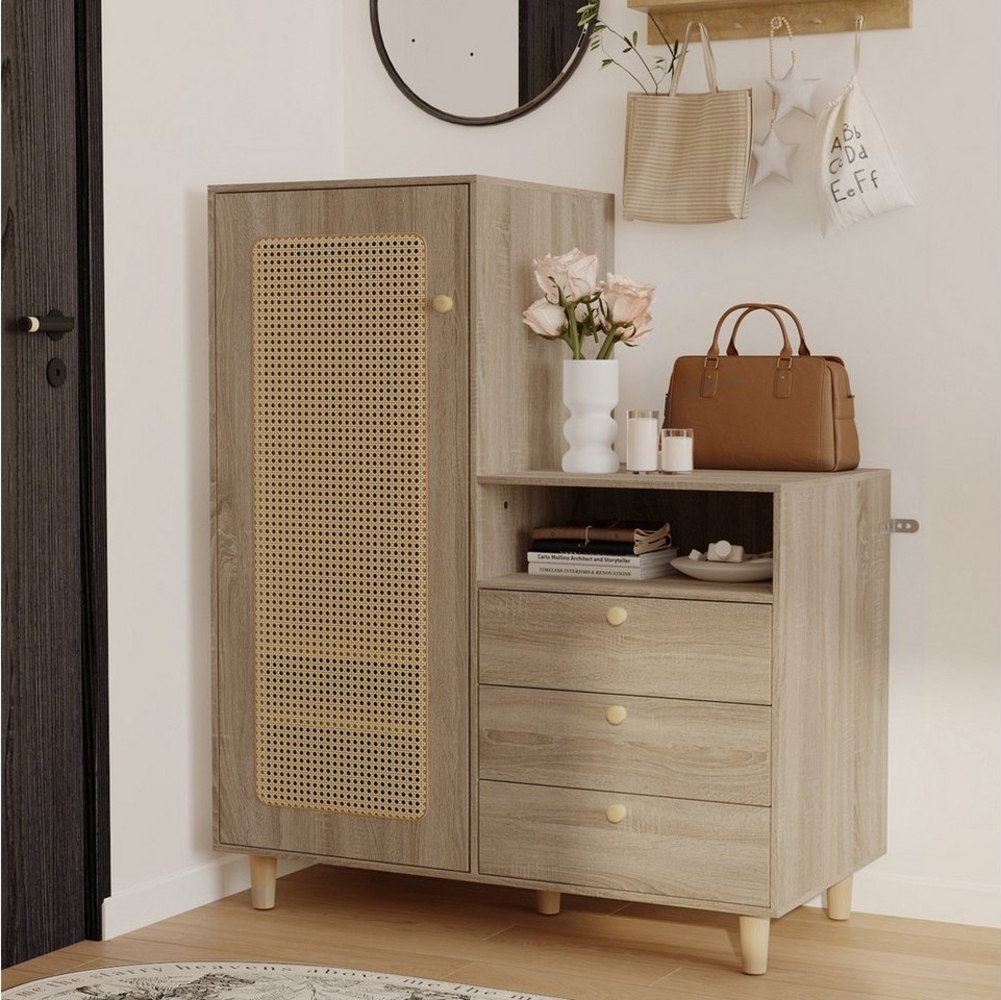 FUFU&GAGA Garderobenständer Garderobenschrank mit Rattantür, Beige, MDF, 100×49,7×130 cm Bild 1
