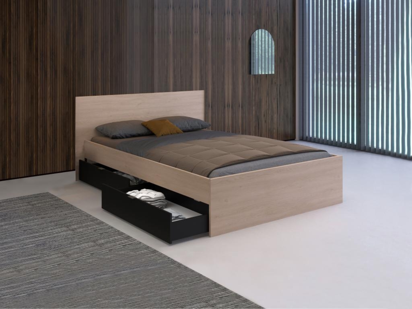 Vente-unique - Bett mit 2 Schubladen - 140 x 190 cm - Naturfarben & Schwarz - VELONA Bild 1