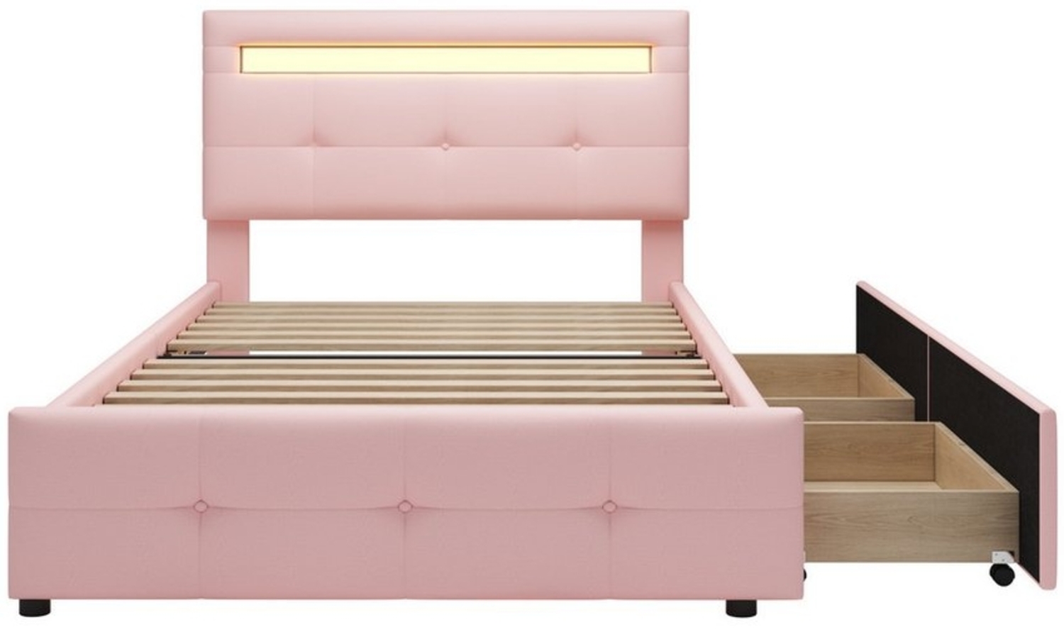 DOPWii Einzelbett Polsterbett 90*200cm mit LED-Leuchten,2 Schubladen,Gästebett, Hautfreundlicher Leinenpolsterung flach Kinderbett,Grau/Beige/Rosa Bild 1