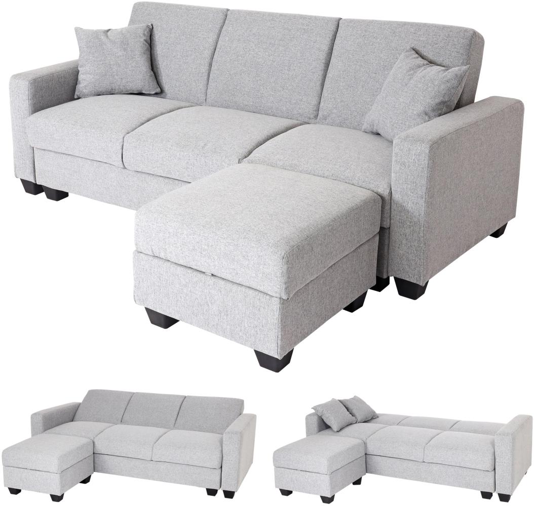 Sofa HWC-H47 mit Ottomane, Couch Sofa Gästebett, Schlaffunktion Stauraum 217x145cm ~ Stoff/Textil hellgrau Bild 1