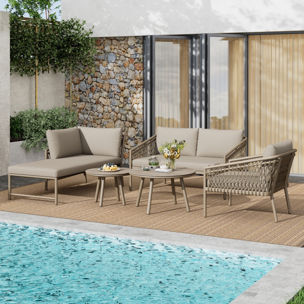 Merax Garten Lounge Set, Seil Gartenmöbel Set, Modernes Outdoor Sofa Set Handgewebtes Seil, Inklusive Aller Sitz- Und Rückenkissen, Balkonset, Garten Und Terrasse, Khaki Bild 1