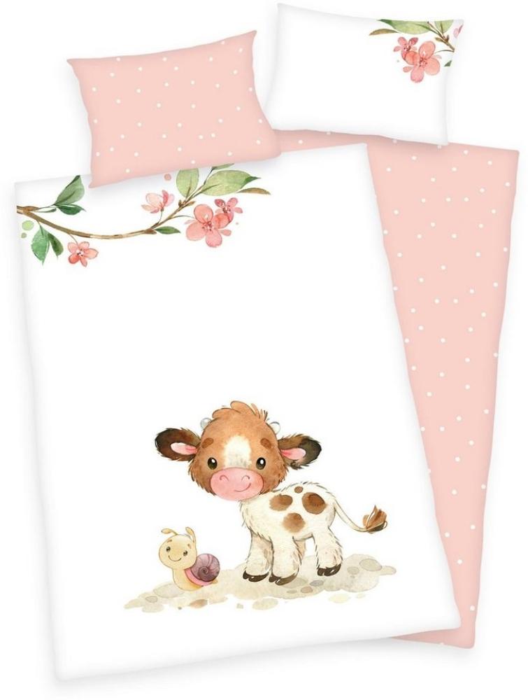 Herding Flanell Baby Kinder Bettwäsche süßes Kälbchen rosa 100x135 cm F Bild 1