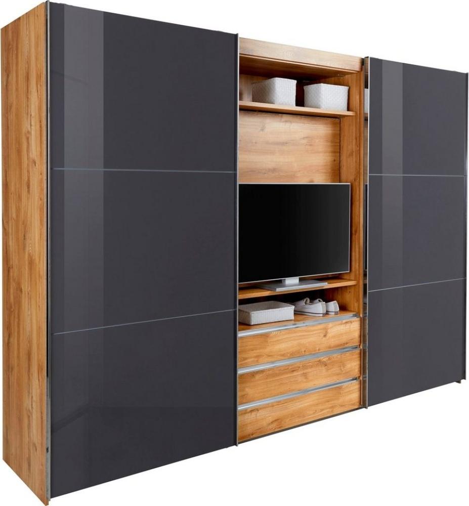 Schwebetürenschrank MAGIC Plankeneiche Glas grau mit TV-Funktion 300 Bild 1