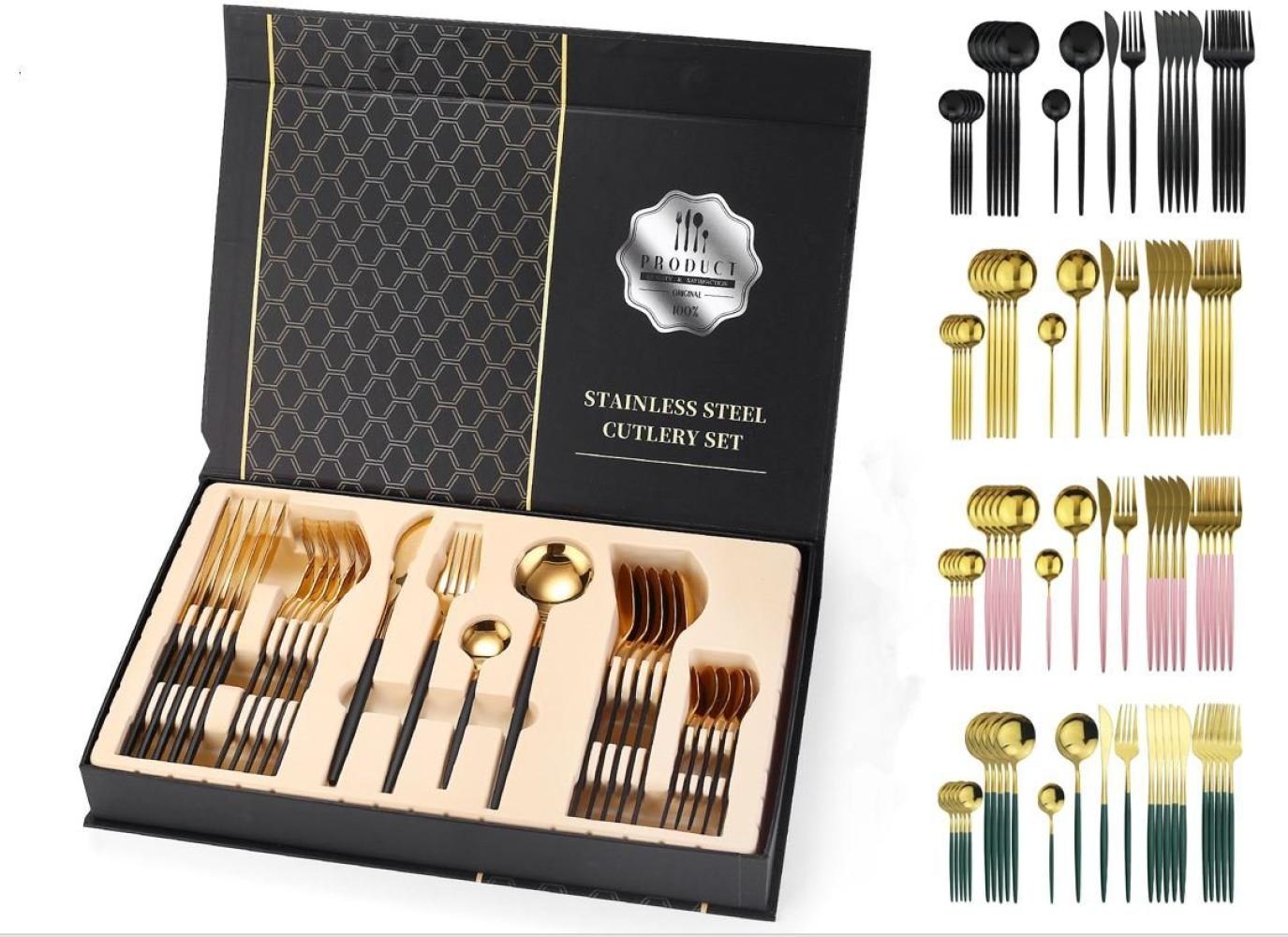 Besteck Set Edelstahl für 6 Personen 24-teiliges Besteckset hochglanzpoliert Spülmaschinenfest Luxury Box Grün Gold Bild 1