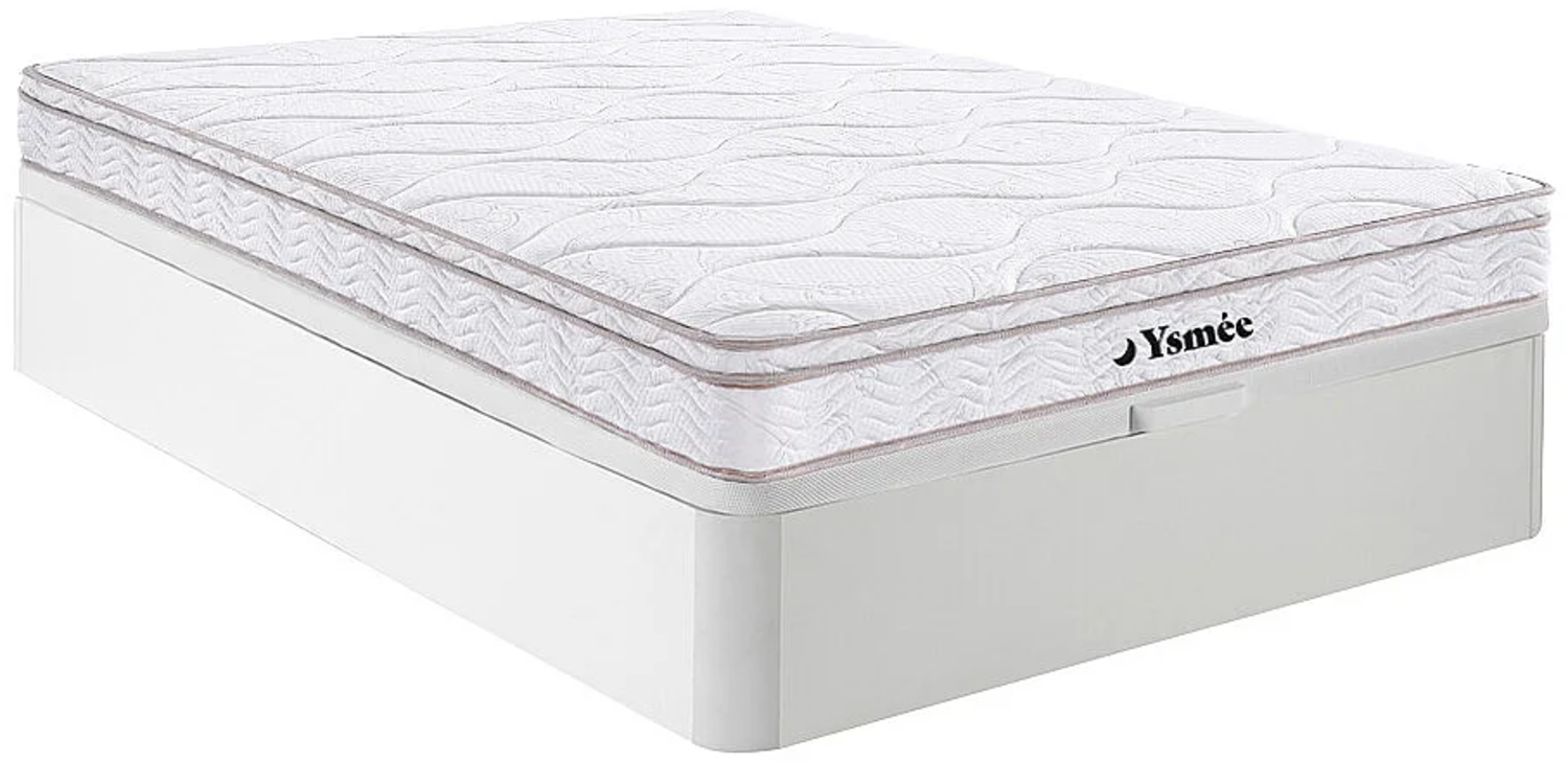 Vente-unique - Set aus Bettgestell mit Bettkasten + 3-Zonen-Federkernmatratze mit Memory Schaum - 160 x 200 cm - Stärke 20 cm - Weiß - WOLKENTANZ von YSMÉE Bild 1