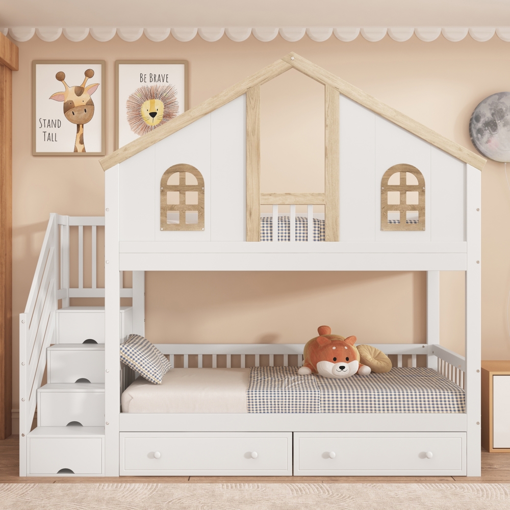 Merax Etagenbett, Kinderbett, mit farblich abgesetztem Fallschutzgitter, mit Fenster, Zwei Schubladen mit Rollen, Treppe mit 4 Ablagefächern, Kiefer+MDF, Weiß+Natur, 90x200cm Bild 1