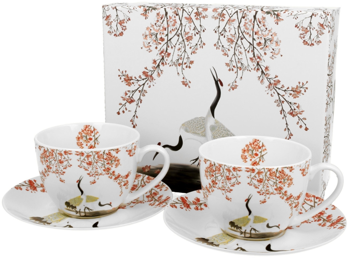 DUO ART GALLERY 2er-Set Tassen 280 ml SAKURA & CRANES mit Untertassen, New Bone China Porzellan Bild 1